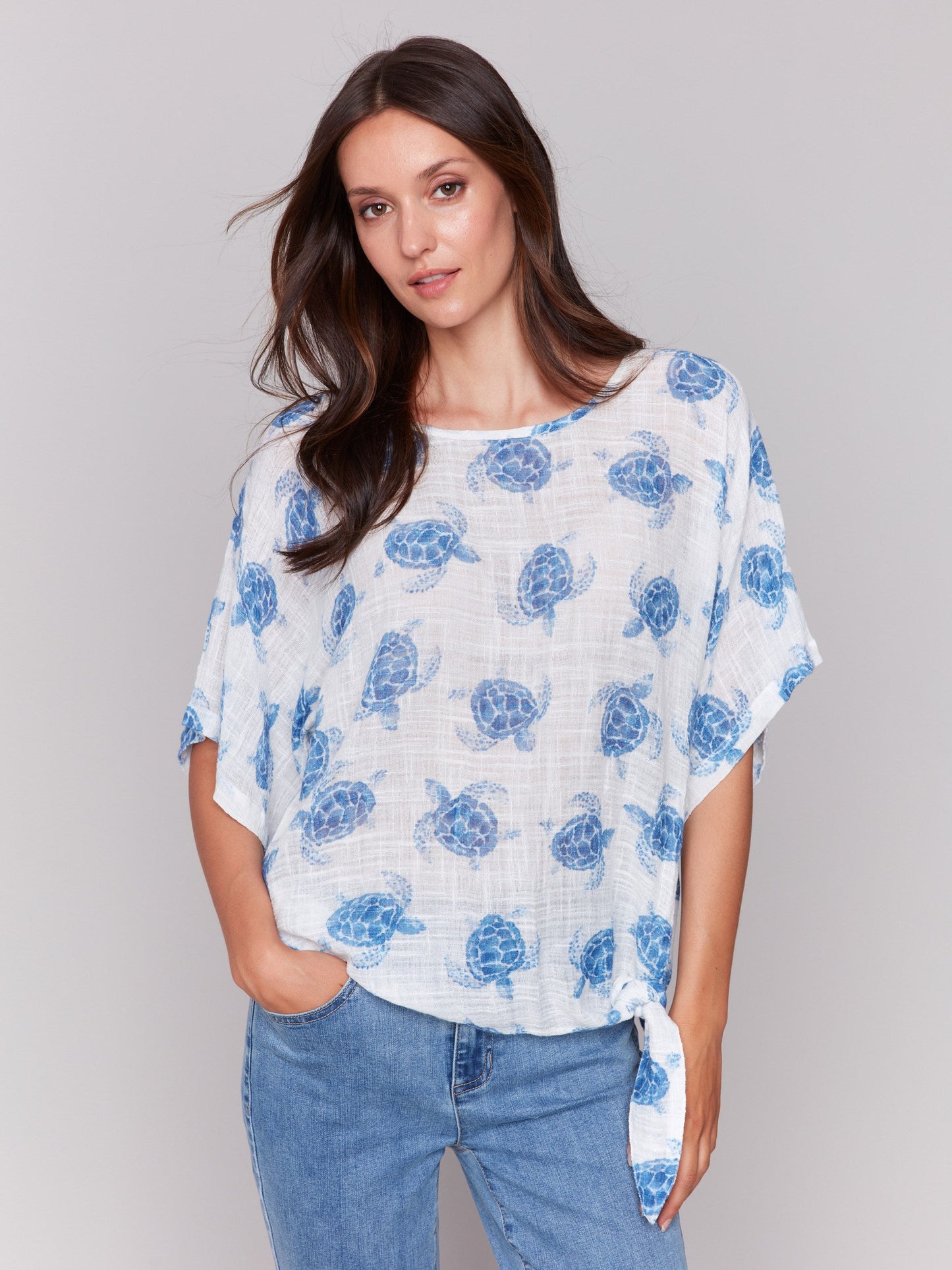 Printed Cotton Gauze Blouse with Side Tie - Turtle