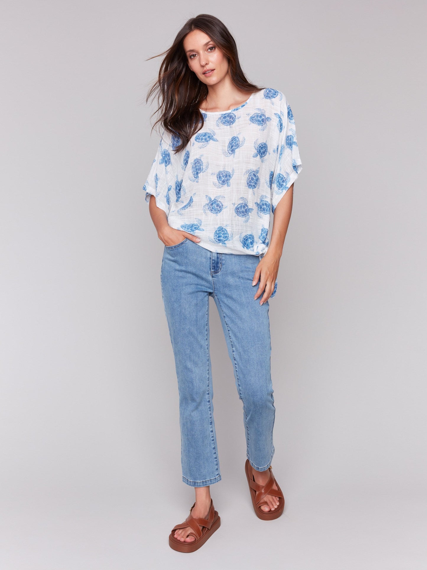 Printed Cotton Gauze Blouse with Side Tie - Turtle