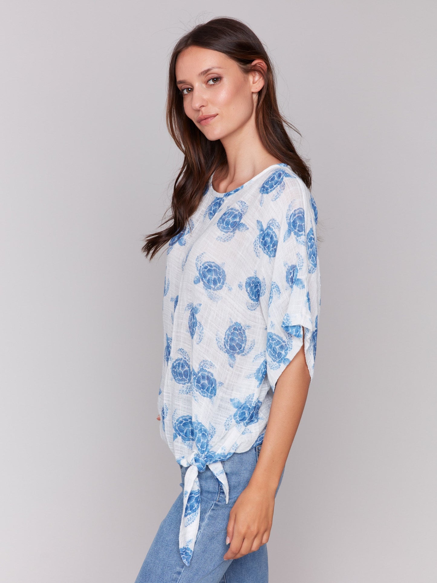 Printed Cotton Gauze Blouse with Side Tie - Turtle