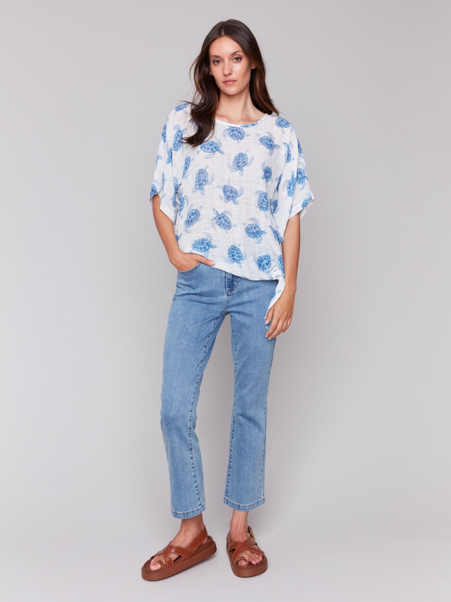 Printed Cotton Gauze Blouse with Side Tie - Turtle