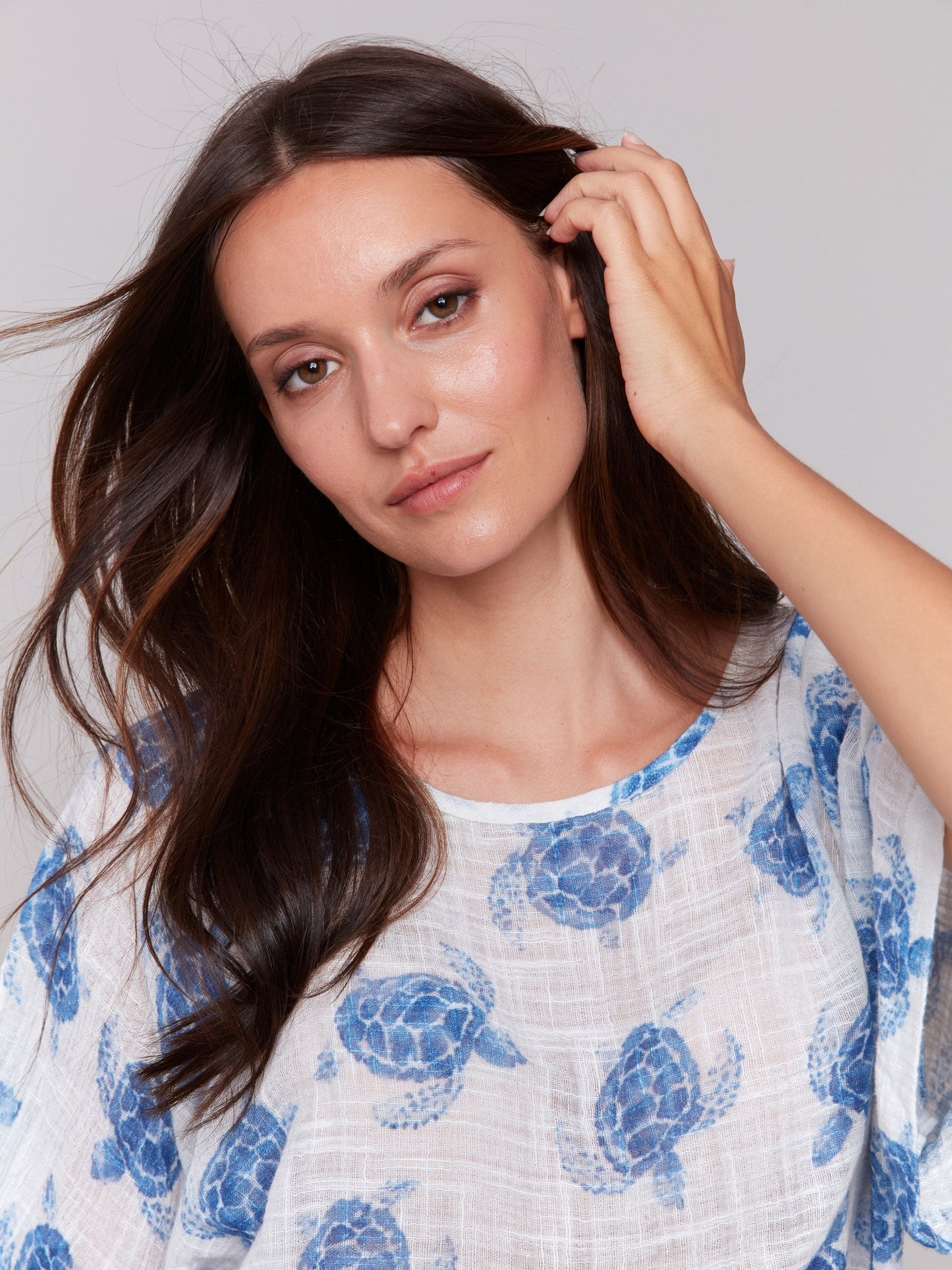 Printed Cotton Gauze Blouse with Side Tie - Turtle