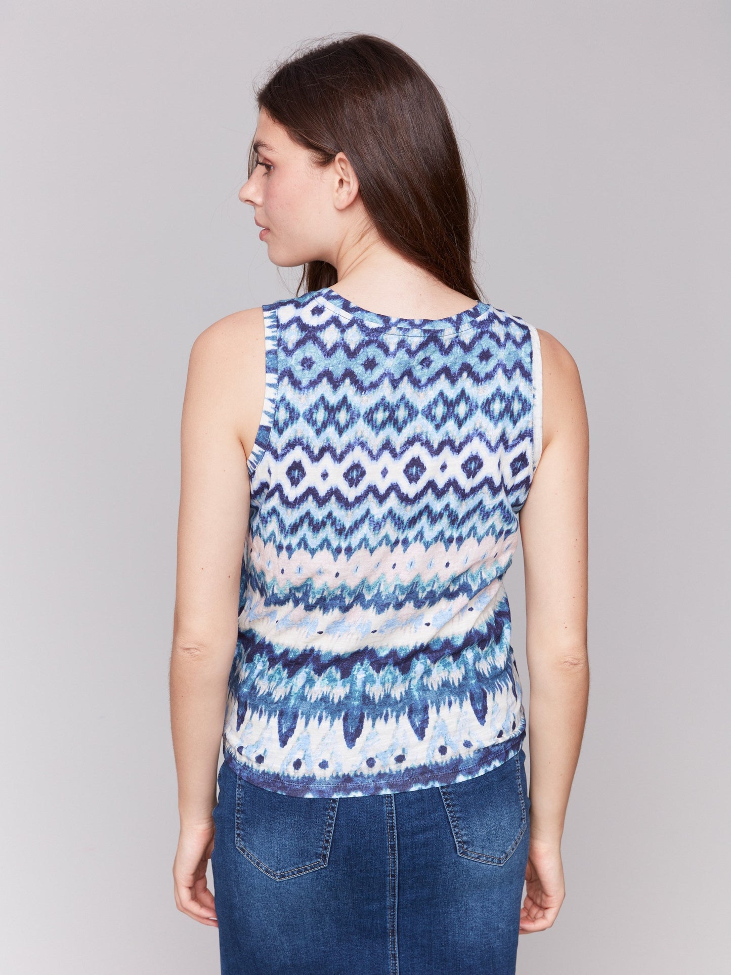 Printed Cotton Slub Tank Top with Knot Detail - Lake Tahoe
