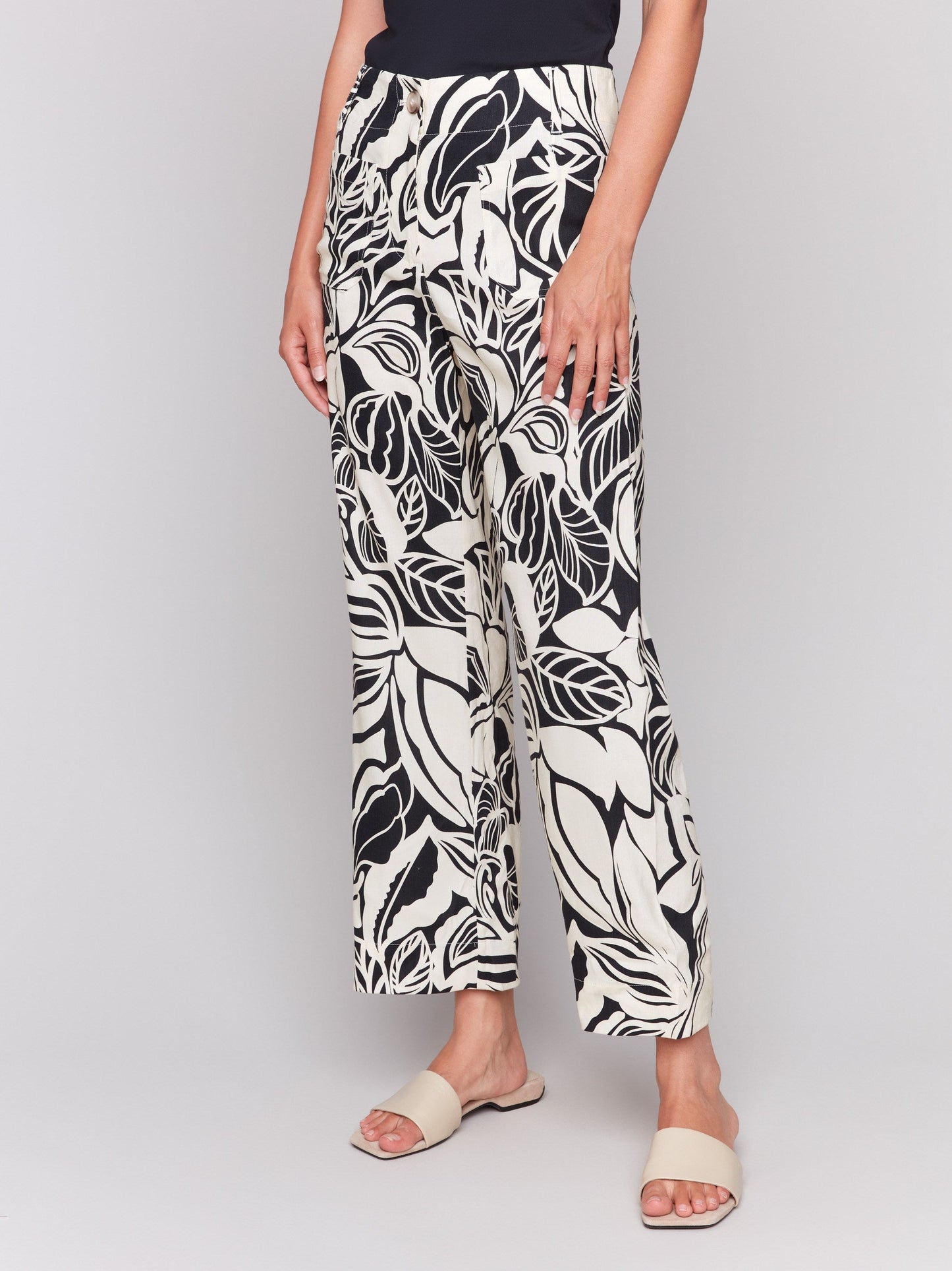 Printed Linen Blend Cropped Pants - Botanical