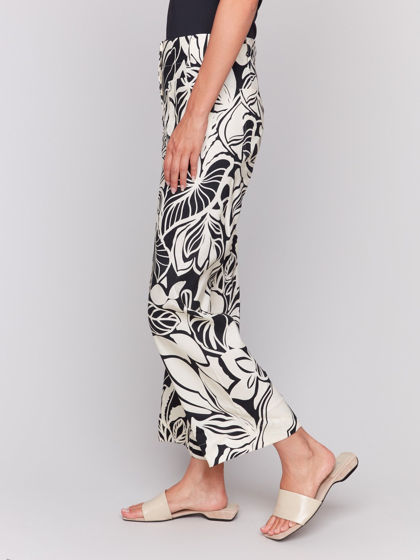Printed Linen Blend Cropped Pants - Botanical