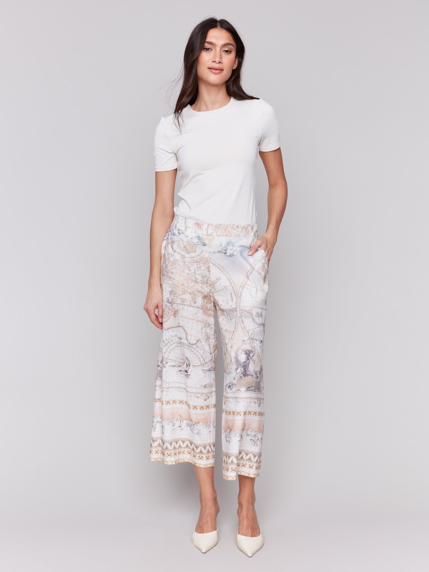 Printed Linen Blend Cropped Pull-On Pants - Atlas