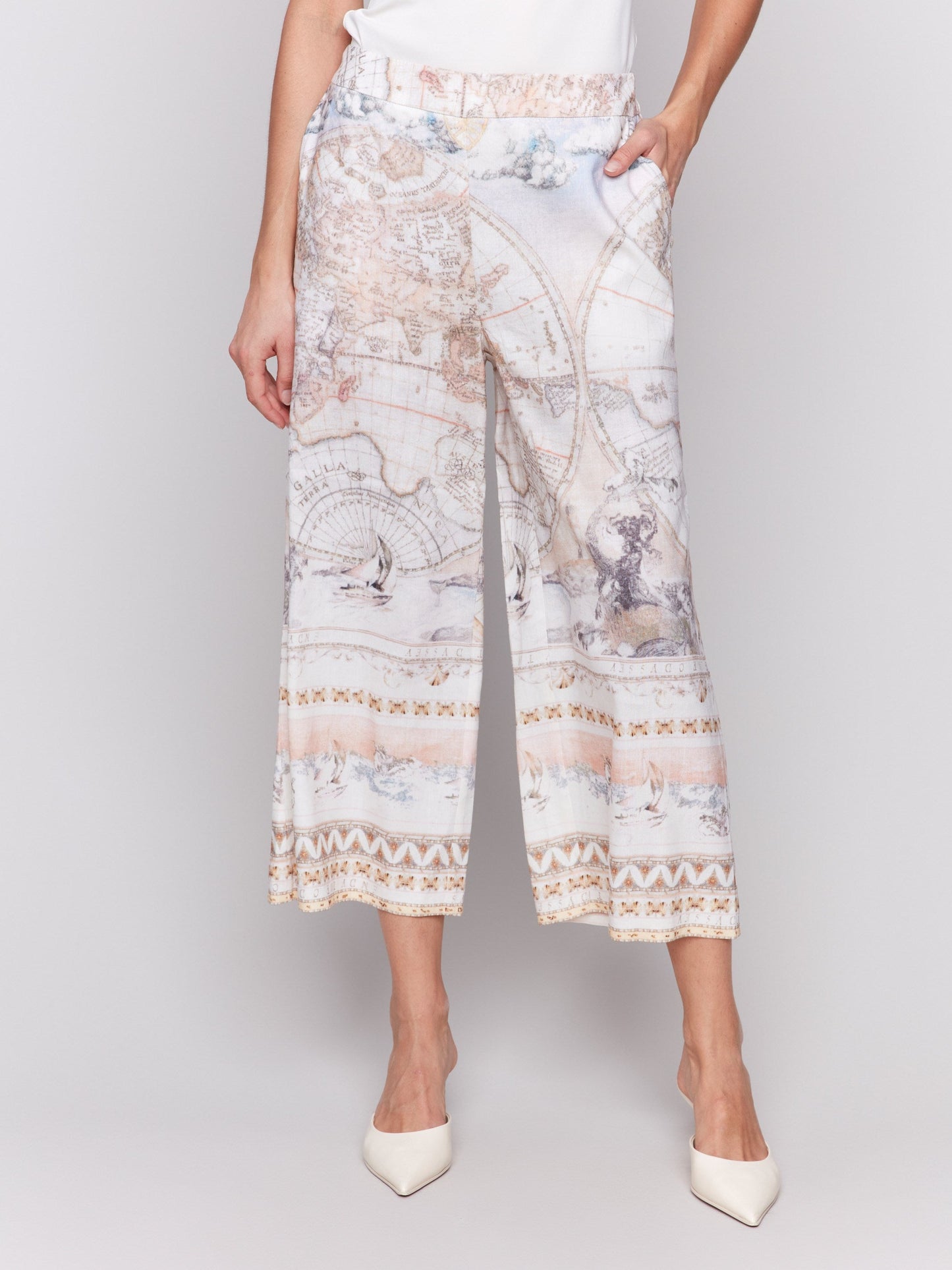 Printed Linen Blend Cropped Pull-On Pants - Atlas