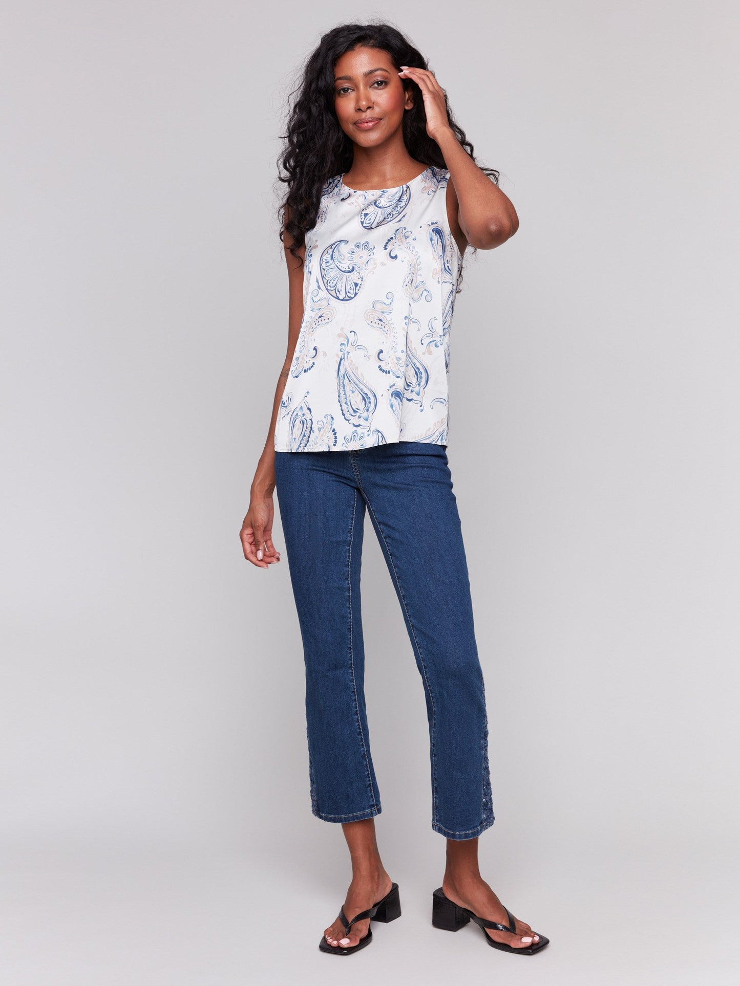 Printed Satin Sleeveless Top - Ivory