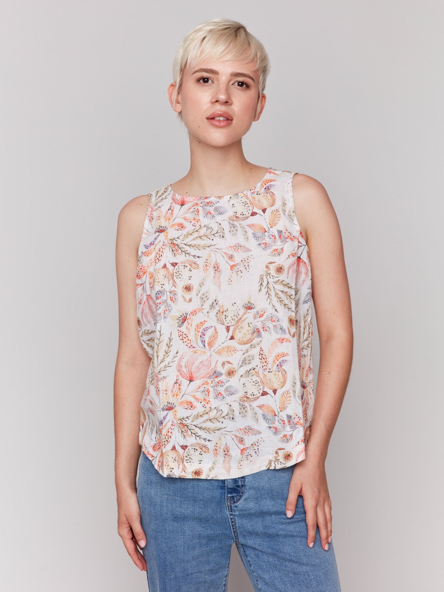 Printed Sleeveless Top with Rounded Hem - Tropical