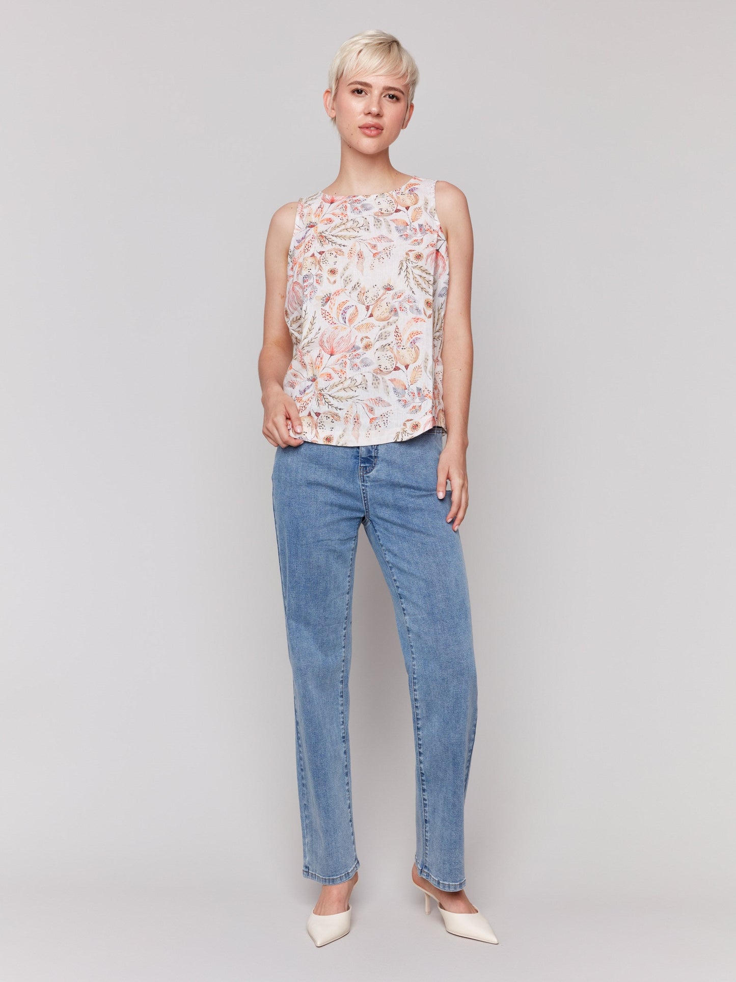 Printed Sleeveless Top with Rounded Hem - Tropical