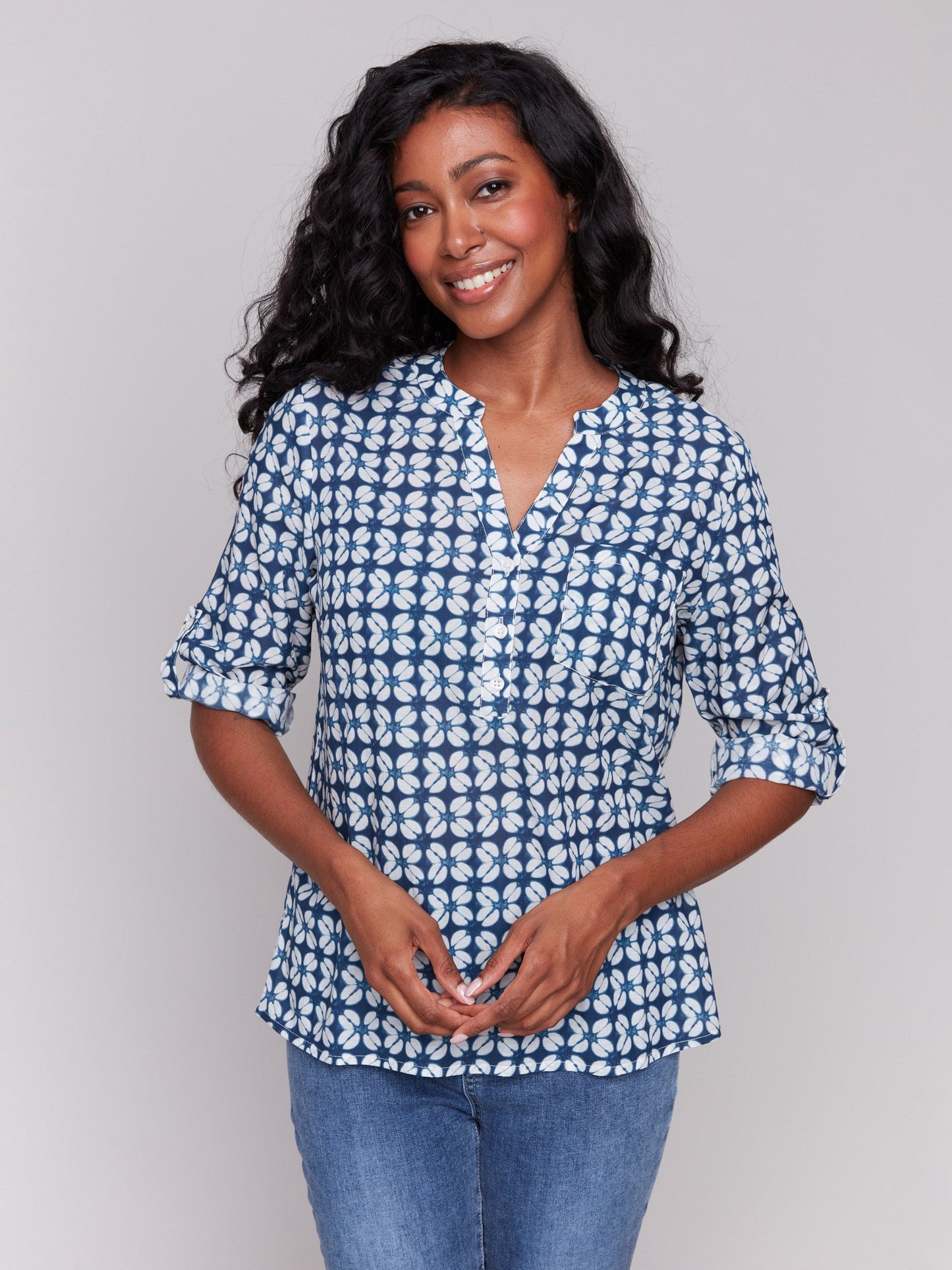 Printed Viscose Half-Button Blouse - Waterflower