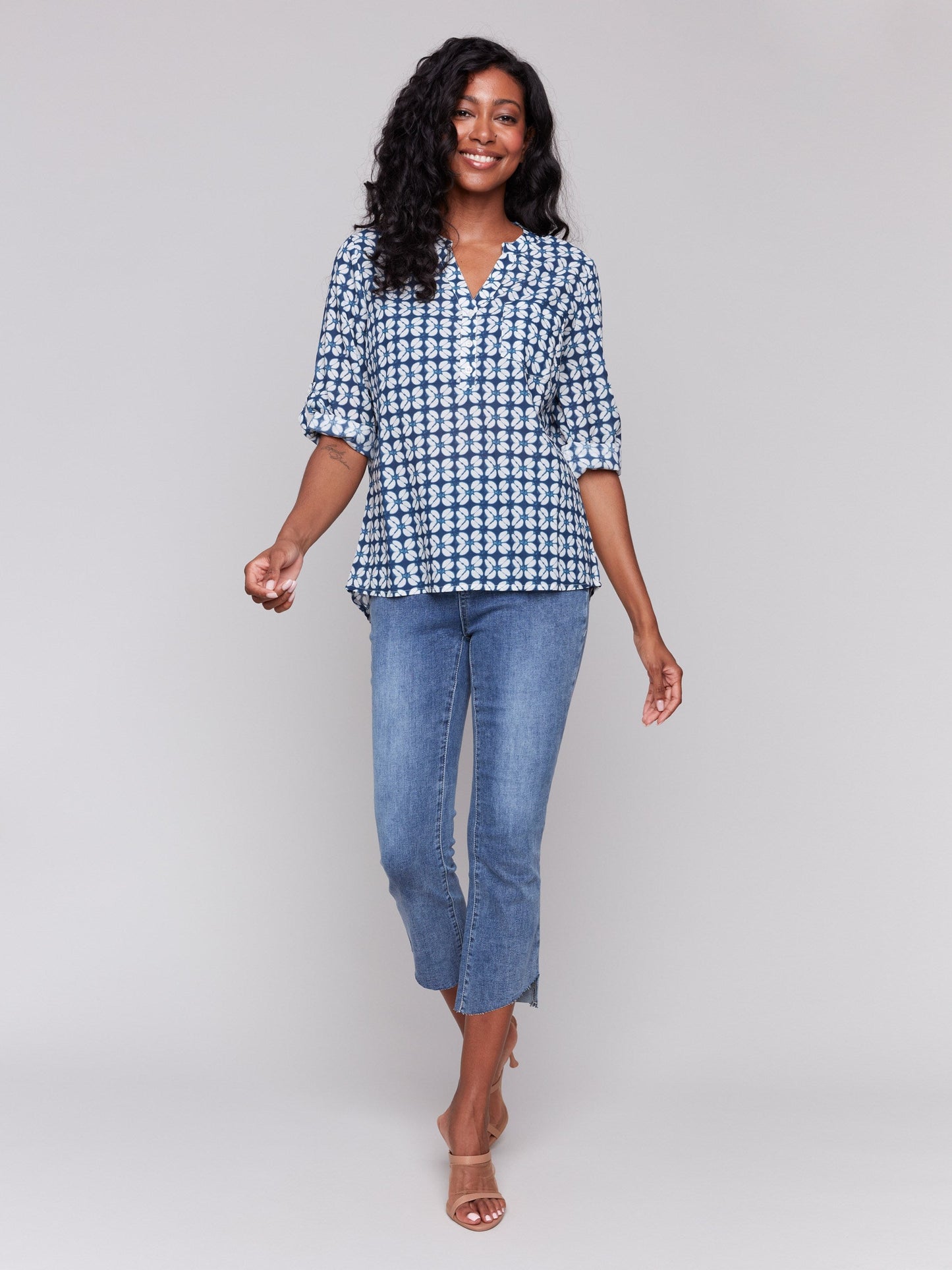 Printed Viscose Half-Button Blouse - Waterflower