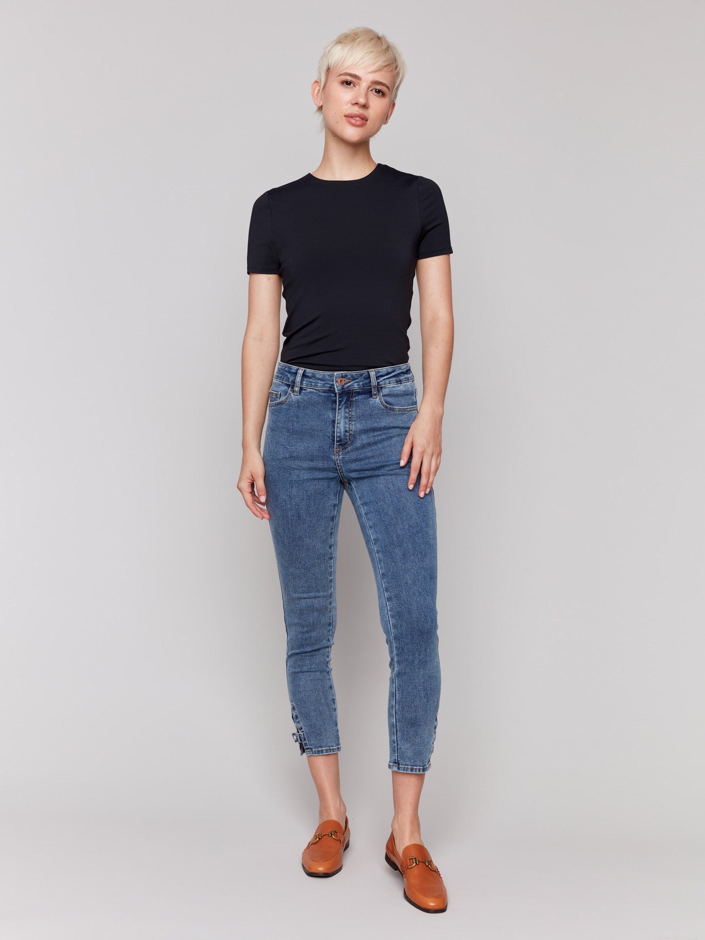 Slim Cropped Jeans with Side Mini Tabs - Medium Blue