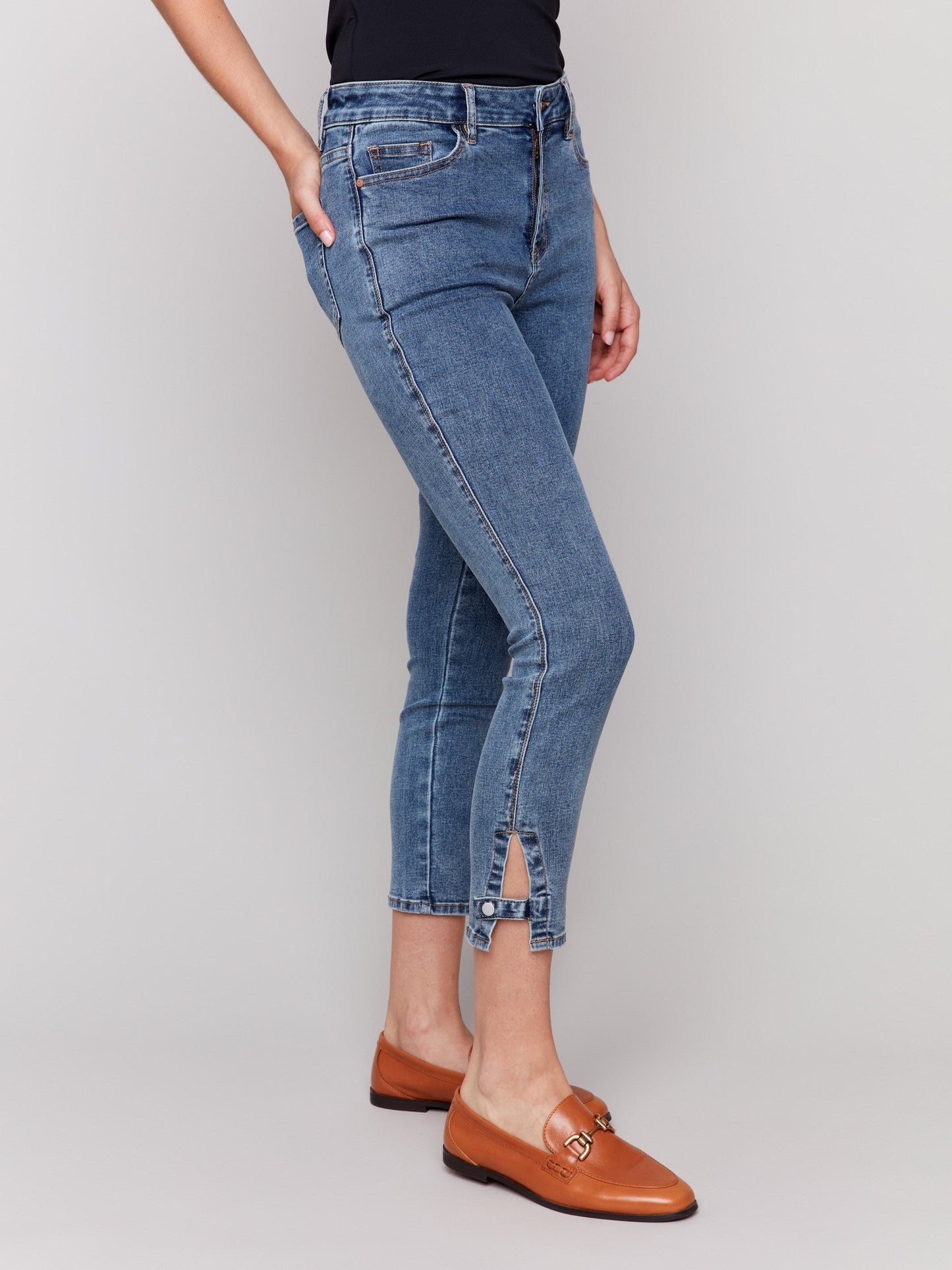 Slim Cropped Jeans with Side Mini Tabs - Medium Blue