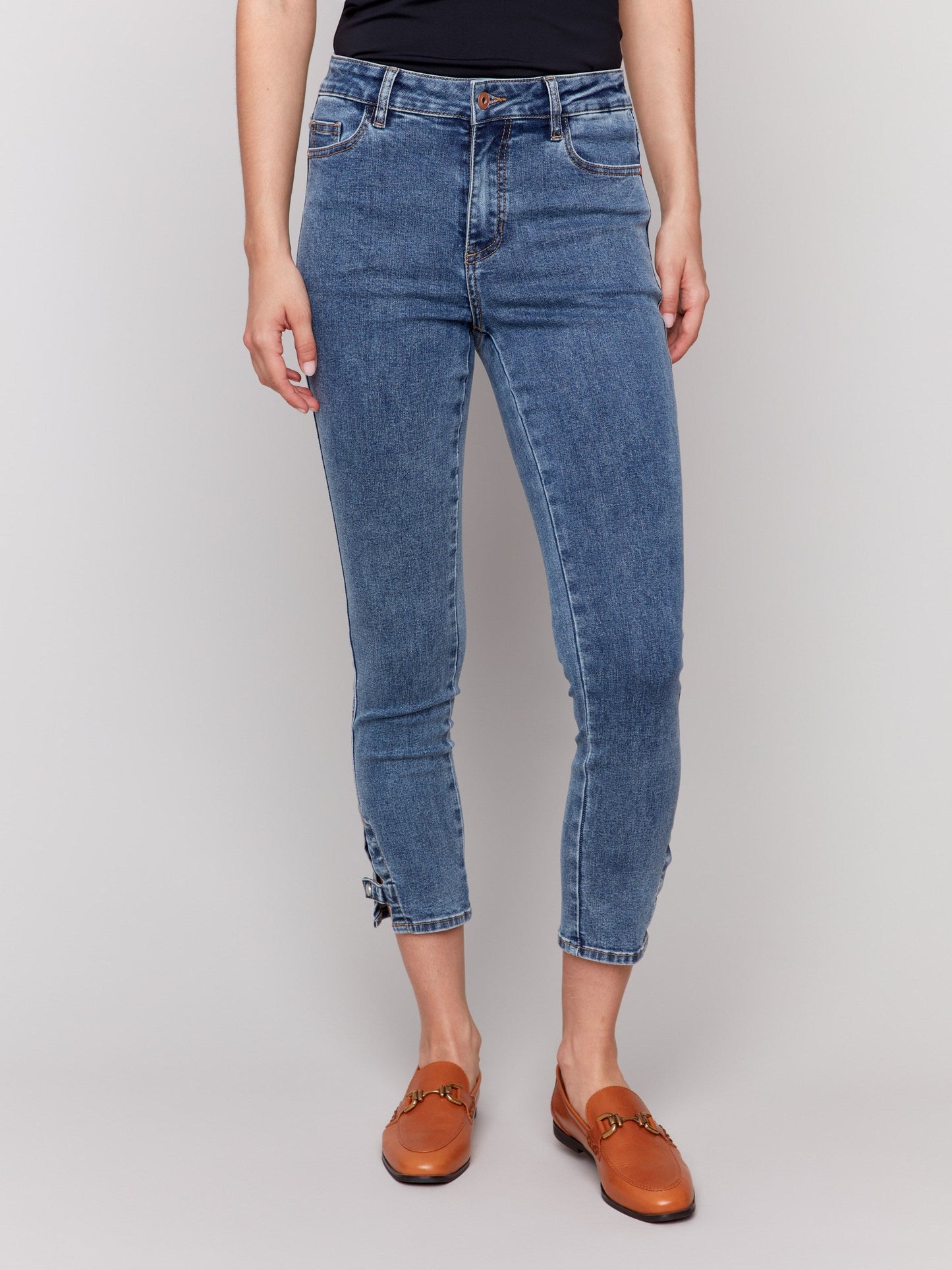 Slim Cropped Jeans with Side Mini Tabs - Medium Blue