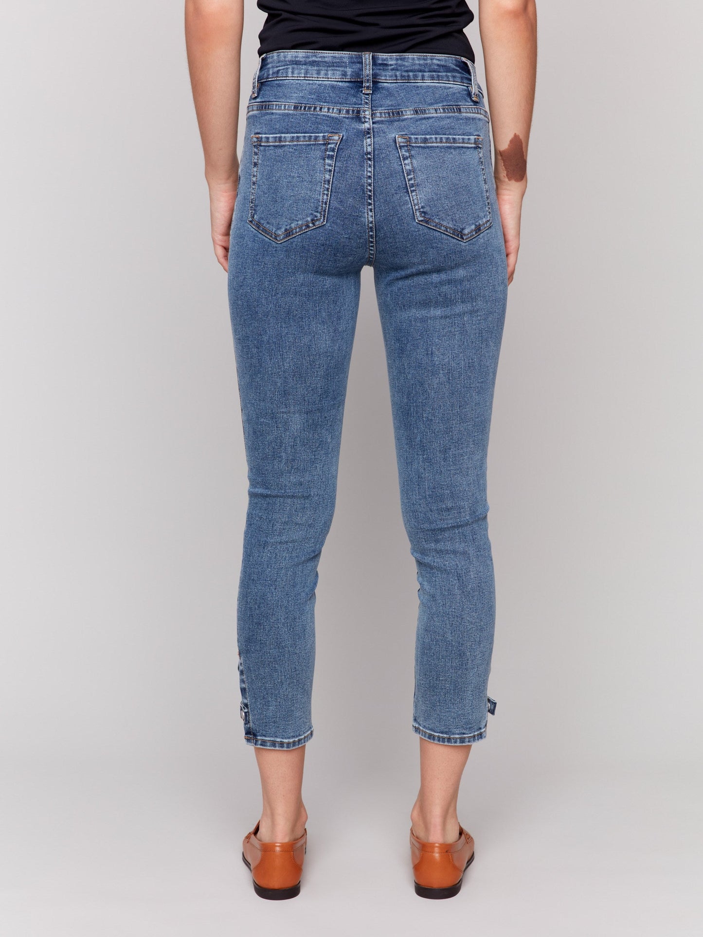 Slim Cropped Jeans with Side Mini Tabs - Medium Blue