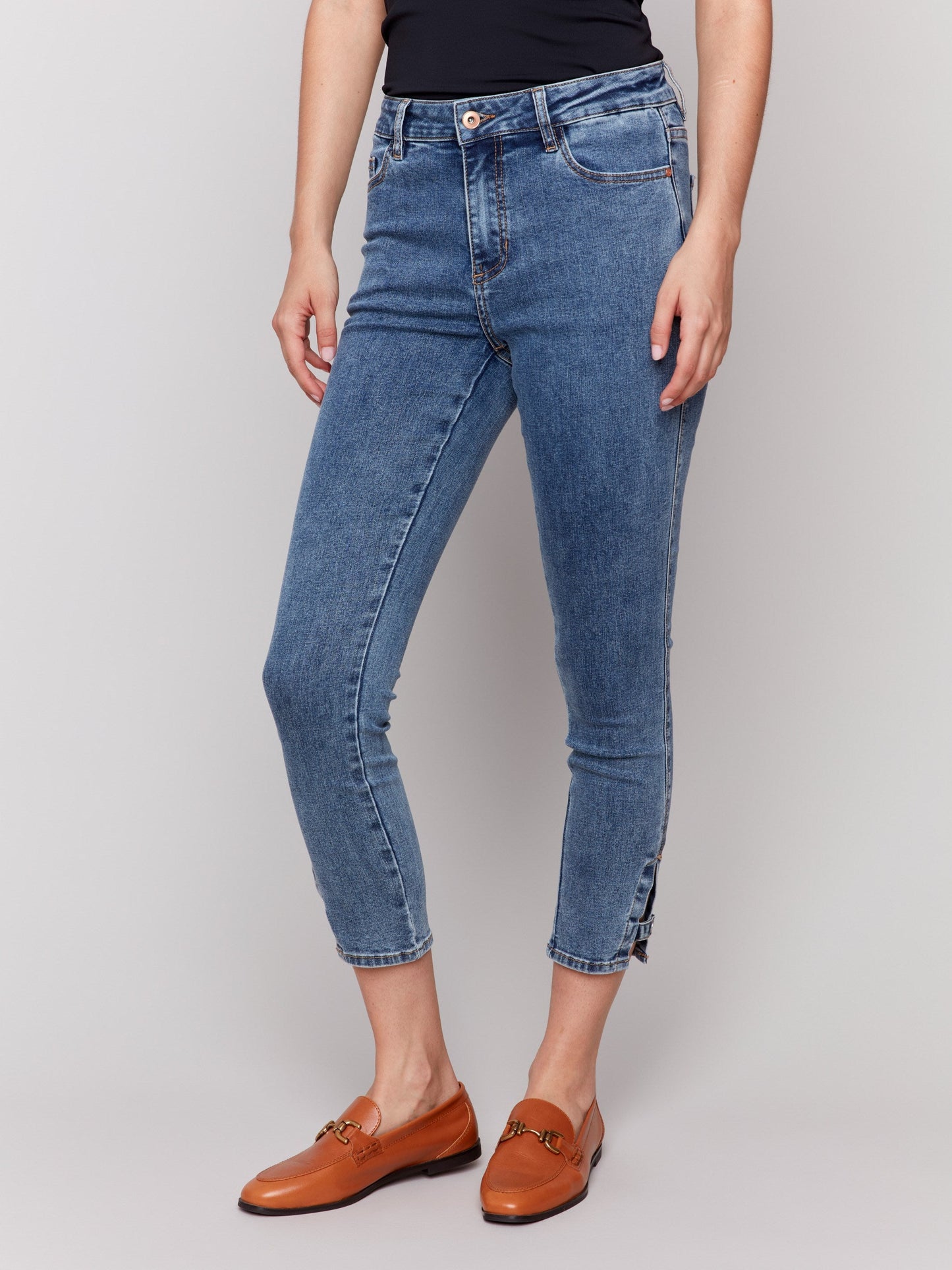 Slim Cropped Jeans with Side Mini Tabs - Medium Blue