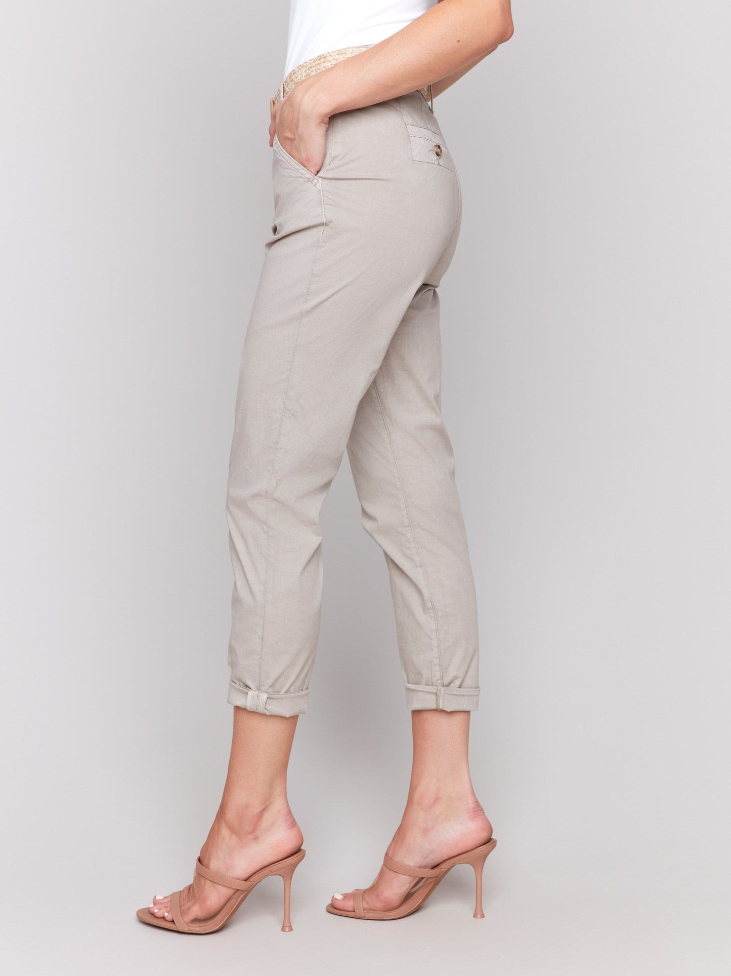 Slim Fit Pants with Belt - Greige