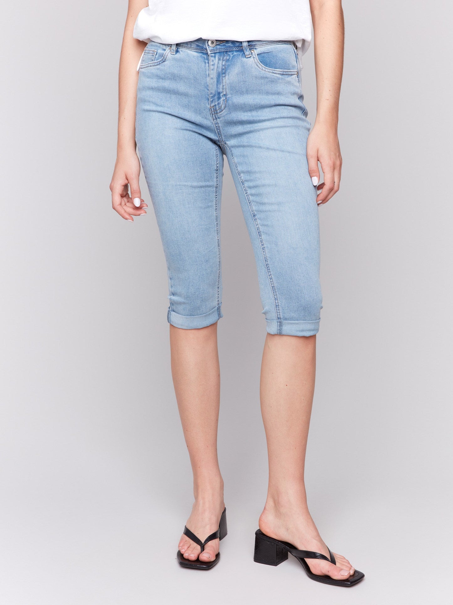 Stretch Denim Pedal Pushers - Light Blue