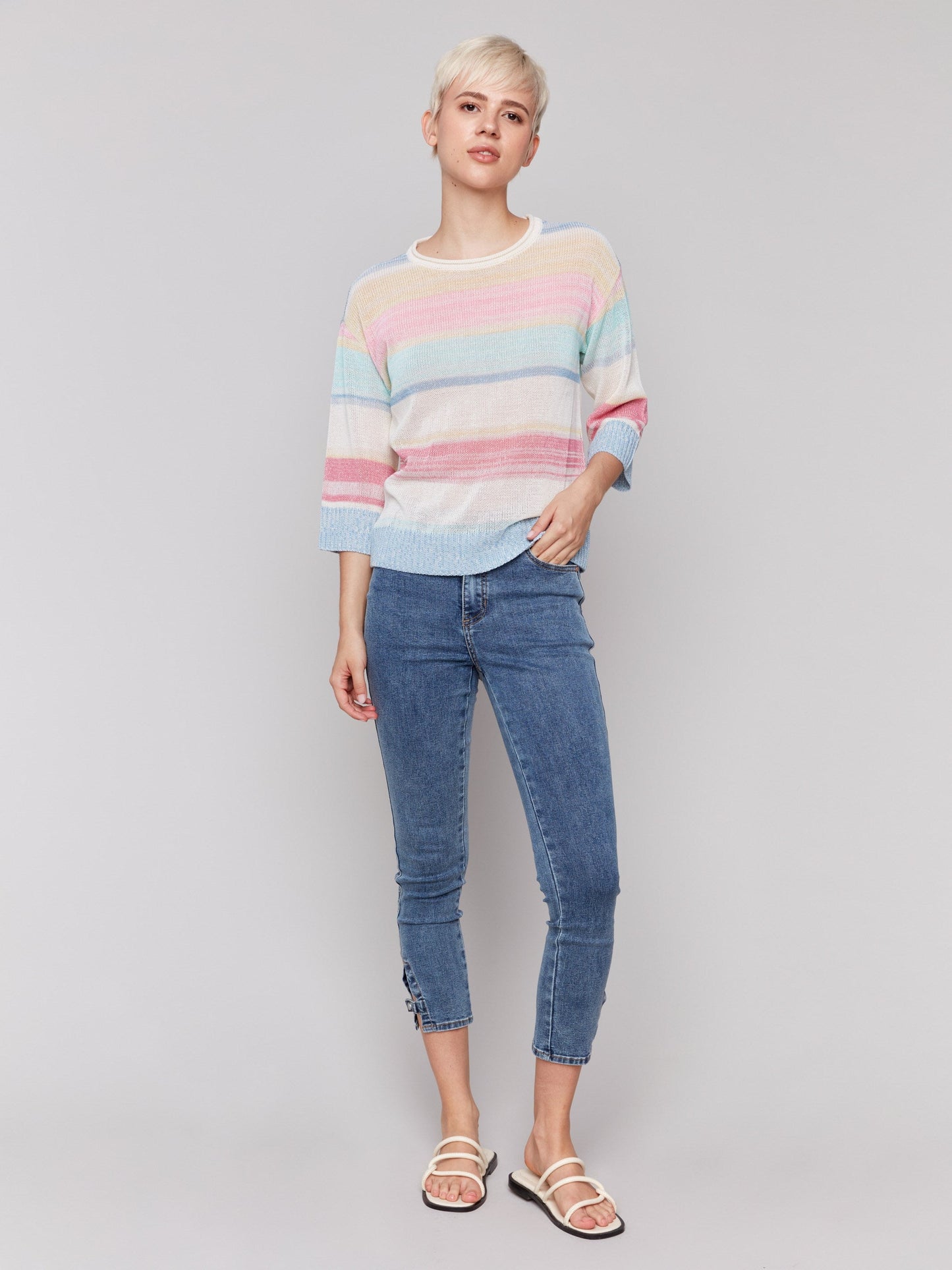 Striped 3/4 Sleeve Sweater - Pastel
