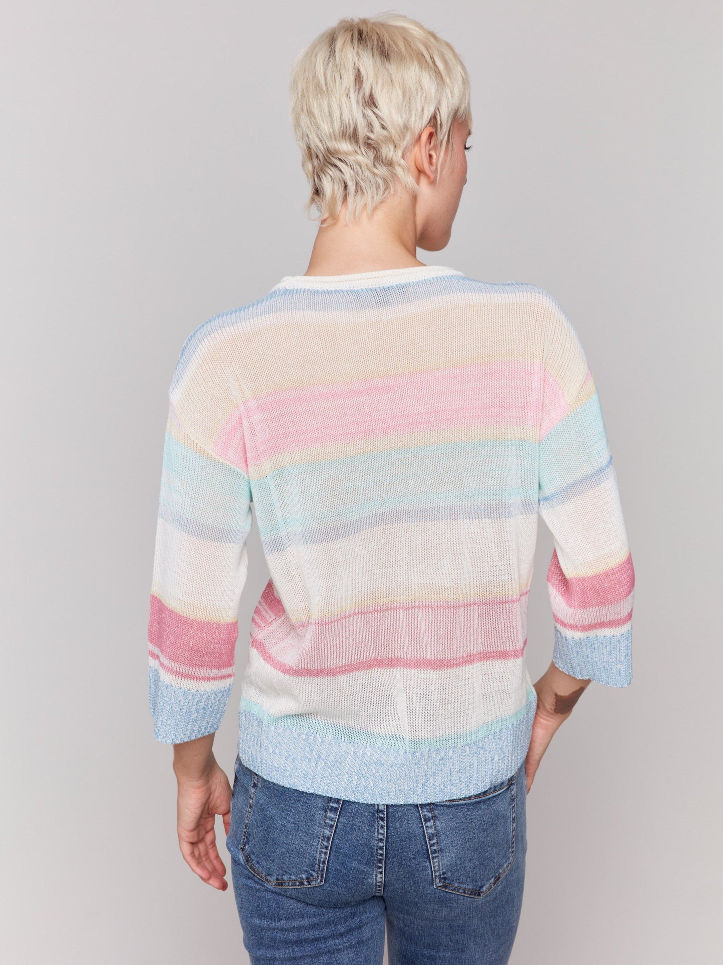 Striped 3/4 Sleeve Sweater - Pastel