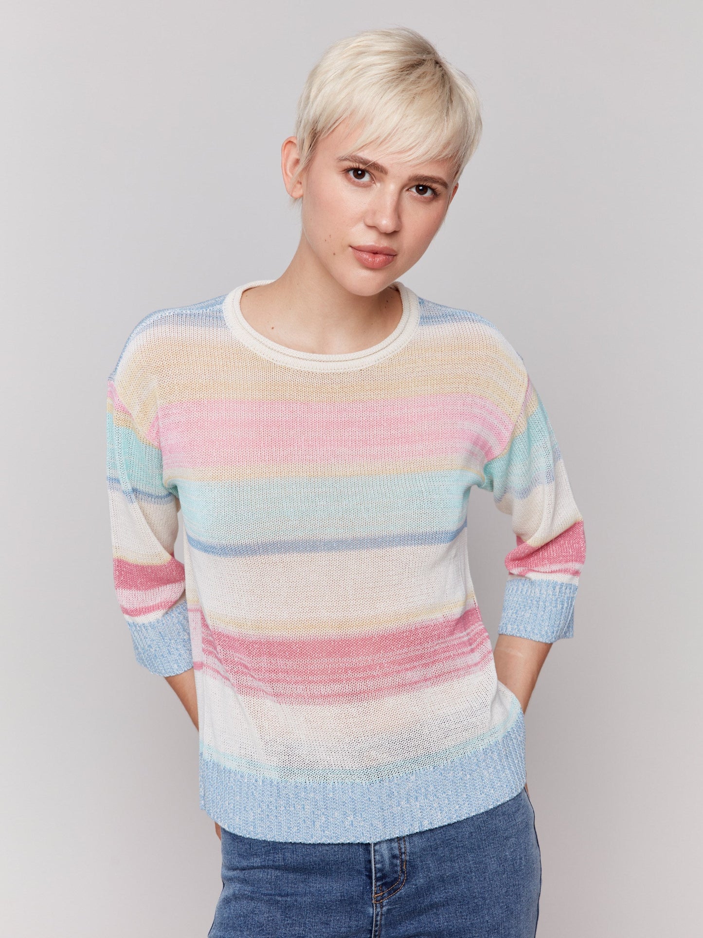 Striped 3/4 Sleeve Sweater - Pastel