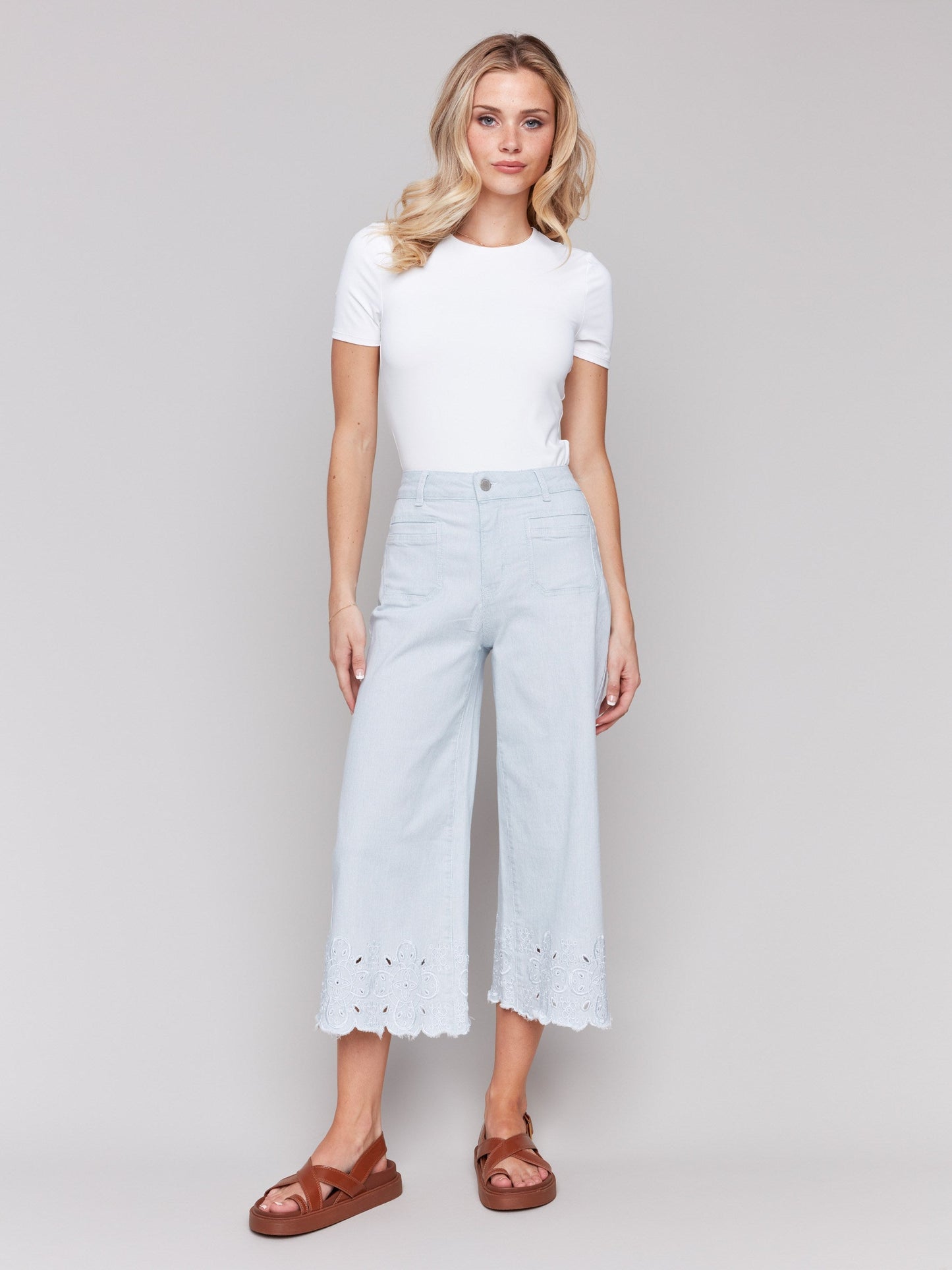 Wide-Leg Cropped Jeans with Scallop Embroidered Hem - Stripes