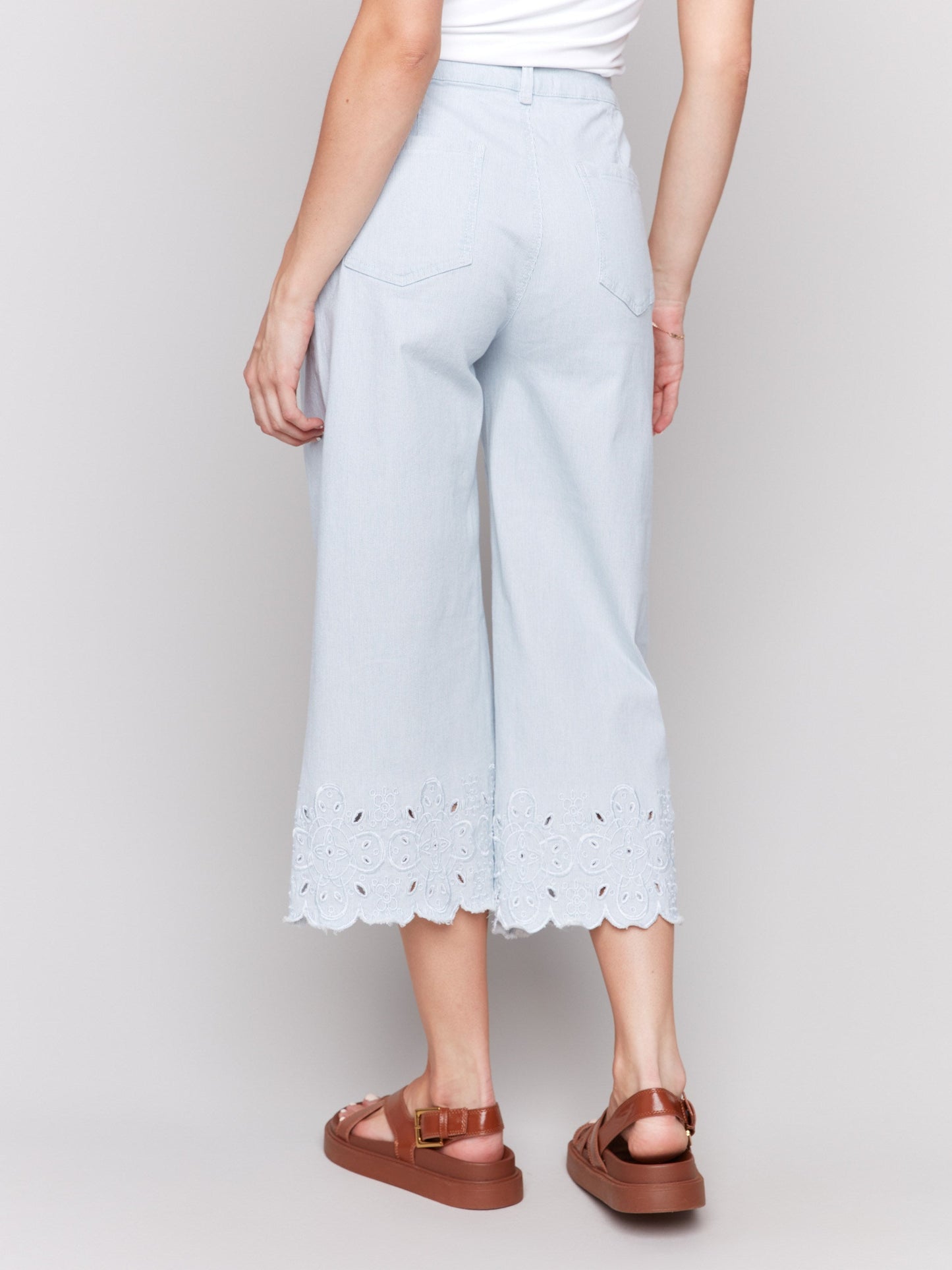 Wide-Leg Cropped Jeans with Scallop Embroidered Hem - Stripes