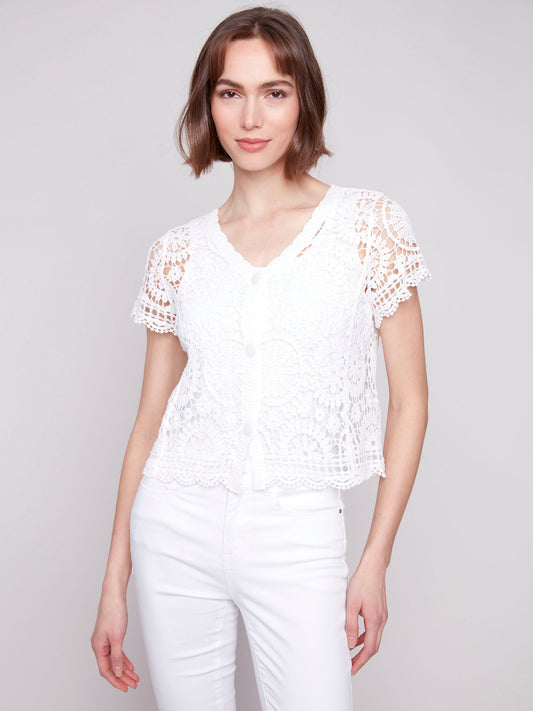 Short Sleeve Crochet Bolero Cardigan - White