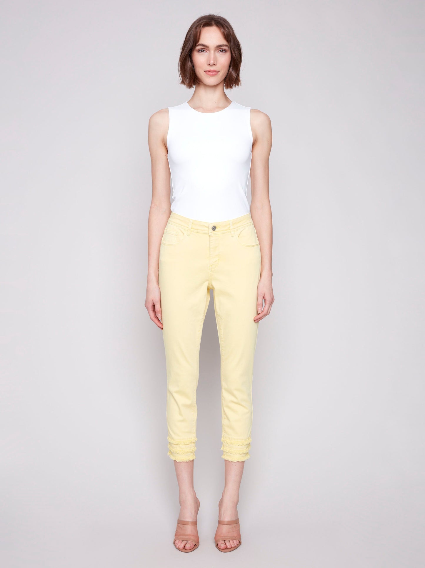 Frayed Hem Cropped Twill Pants - Lemonade