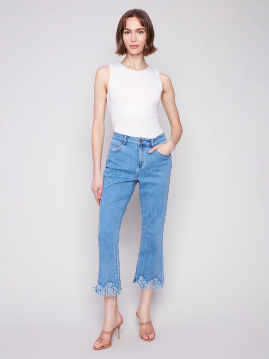 Cropped Jeans With Fringed Hem - Blue Jean