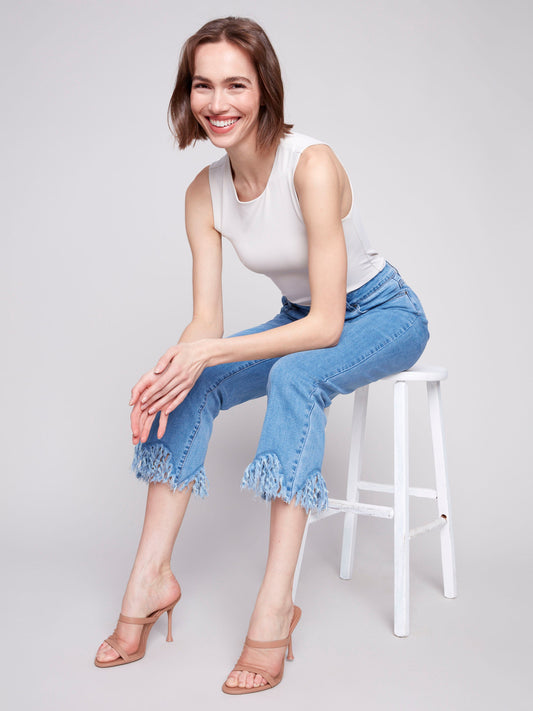 Cropped Jeans With Fringed Hem - Blue Jean