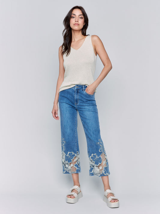 Cropped Flare Leg Jeans with Lace Hem - Medium Blue