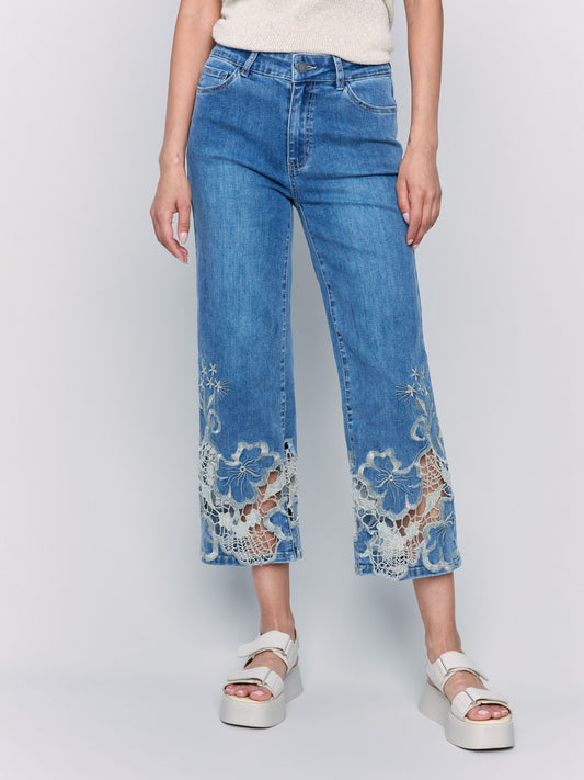 Cropped Flare Leg Jeans with Lace Hem - Medium Blue