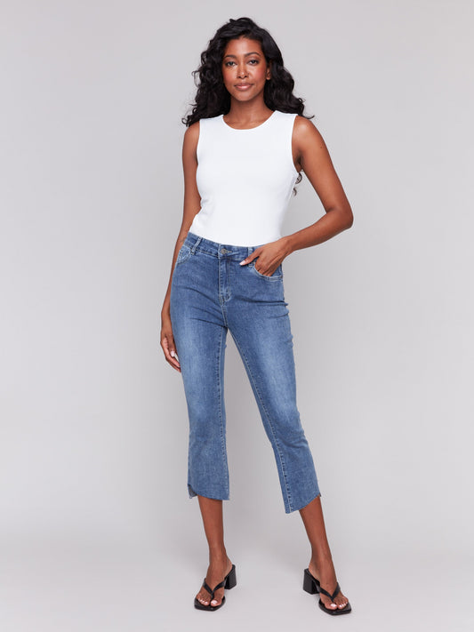 Cropped Jeans with Asymmetrical Hem - Medium Blue