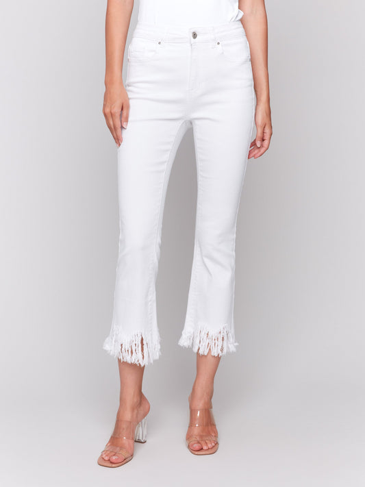 Cropped Jeans With Fringed Hem - White