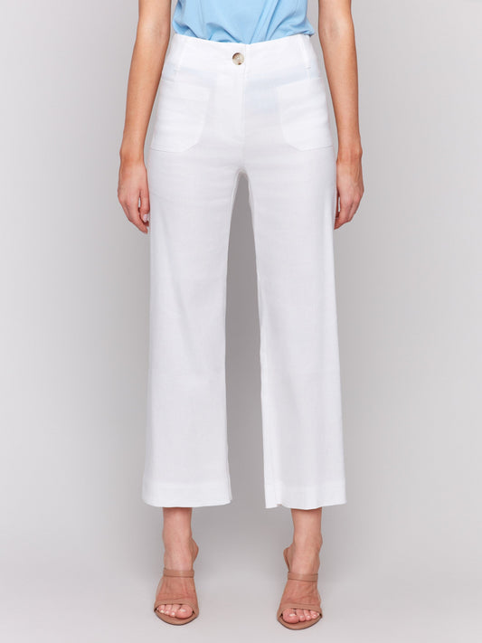 Cropped Linen Blend Pants - White