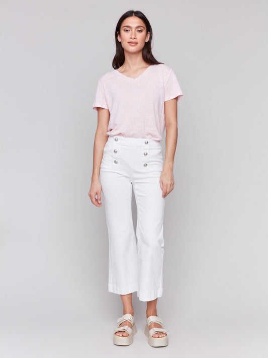 Cropped Pull-On Flare Jeans with Front Buttons - White