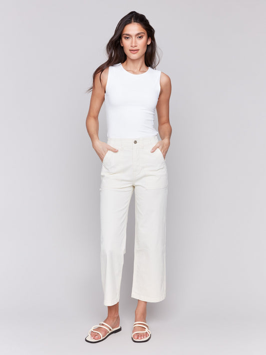 Cropped Utility Pocket Twill Pants - Natural