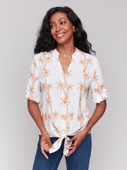 Embroidered Blouse with Front Tie - Papaya