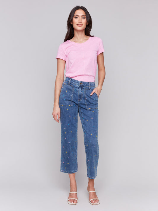 Embroidered Cropped Utility Pocket Jeans - Medium Blue