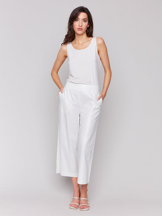 Foil Linen Blend Cropped Pull-On Pants - Champagne