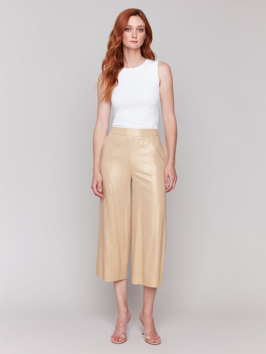 Foil Linen Blend Cropped Pull-On Pants - Gold