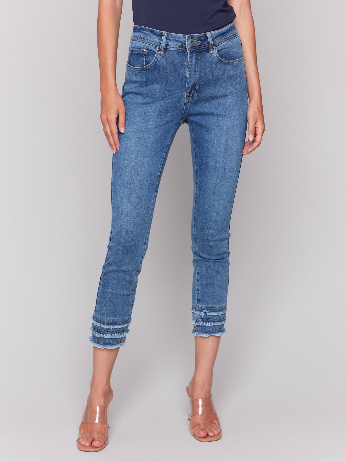 Frayed Hem Cropped Denim Pants - Medium Blue