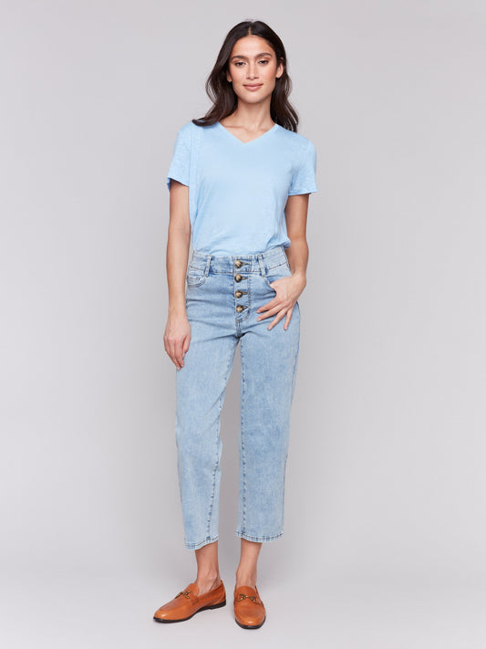 Front Button-Fly Straight Crop Jeans - Light Blue