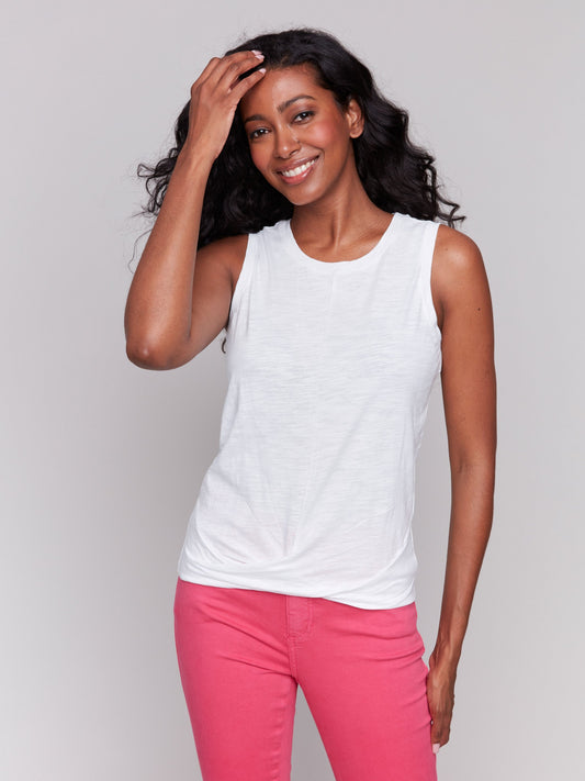 Organic Cotton Slub Tank Top with Knot Detail - White
