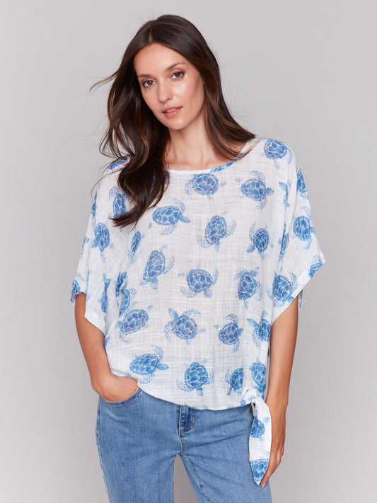 Printed Cotton Gauze Blouse with Side Tie - Turtle