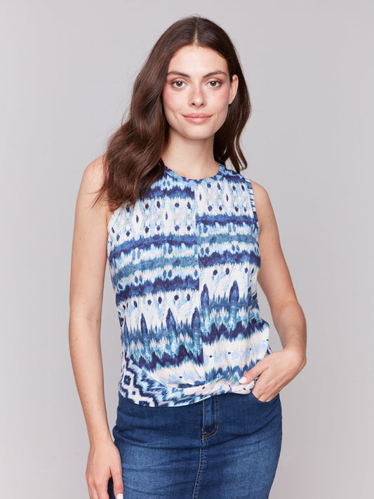 Printed Cotton Slub Tank Top with Knot Detail - Lake Tahoe