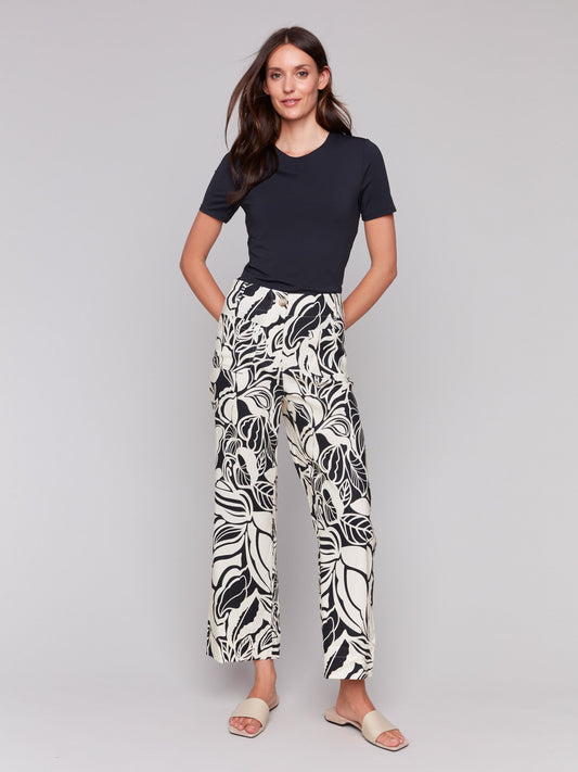 Printed Linen Blend Cropped Pants - Botanical
