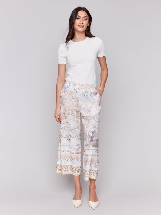 Printed Linen Blend Cropped Pull-On Pants - Atlas