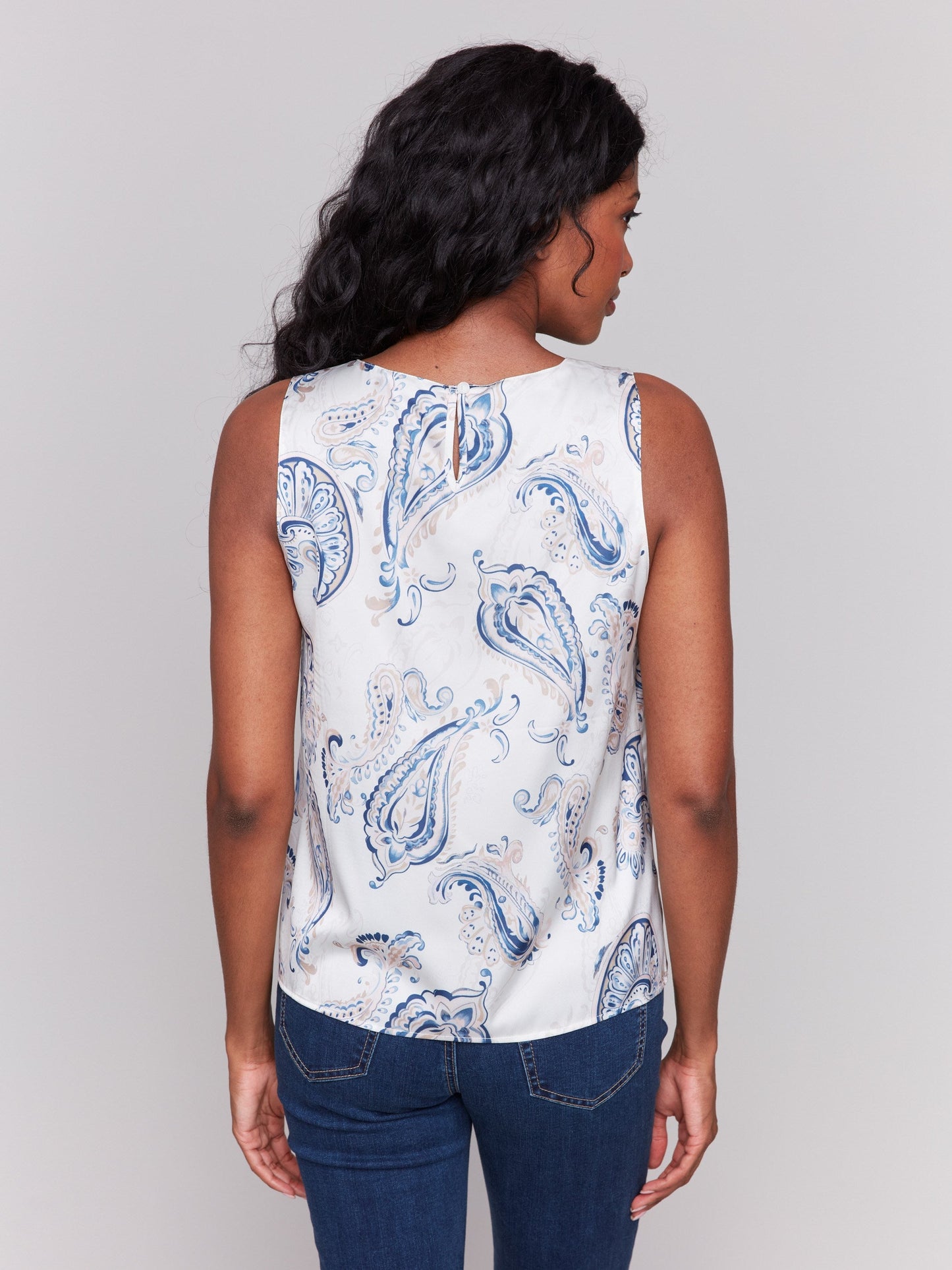 Printed Satin Sleeveless Top - Ivory
